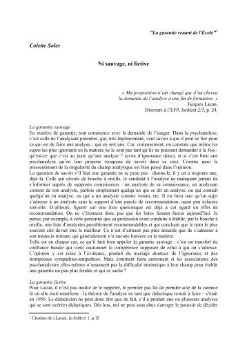 Colette Soler Ni sauvage, ni fictive - Ecole de Psychanalyse des ...