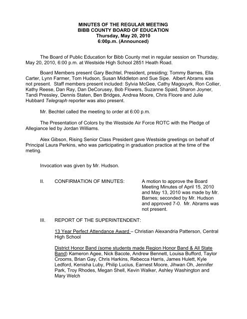 MINUTES OF THE REGULAR MEETING - Bibb County Schools