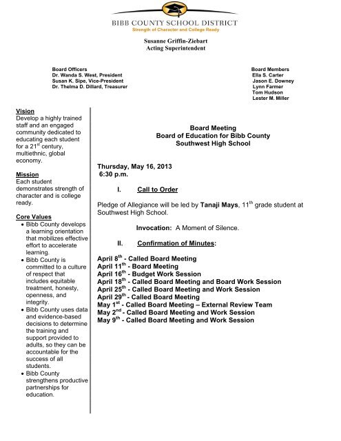 Board Meeting Board of Education for Bibb County Southwest High ...