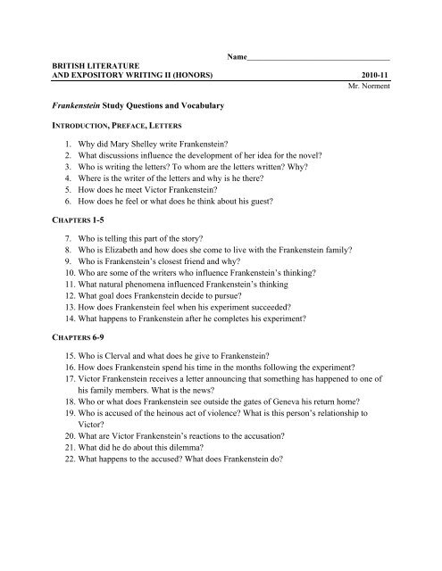 Frankenstein Study Questions - Bibb County Schools