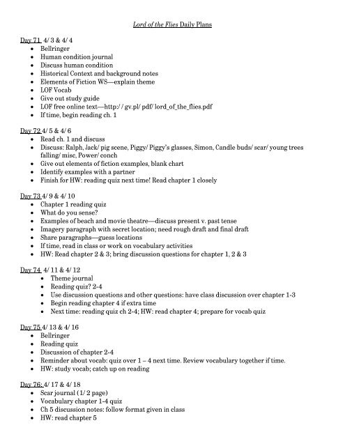 Lord of the Flies Daily Plans Day 71 4/3 & 4/4 • Bellringer • Human ...