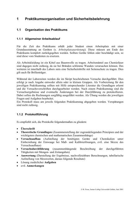 1 Praktikumsorganisation und Sicherheitsbelehrung - Justus-Liebig ...