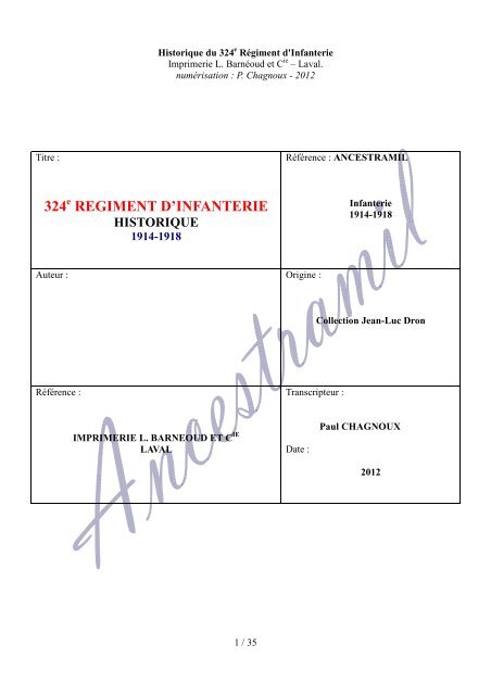 324 REGIMENT D'INFANTERIE - Ancestramil