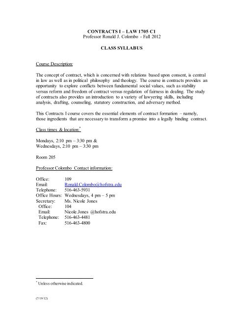 Contracts E Syllabus Hofstra Law Hofstra University