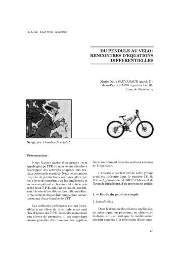 DU PENDULE AU VELO : RENCONTRES D'EQUATIONS ...