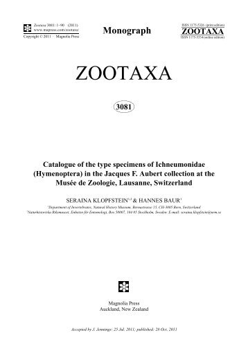 Catalogue of the type specimens of Ichneumonidae (Hymenoptera ...
