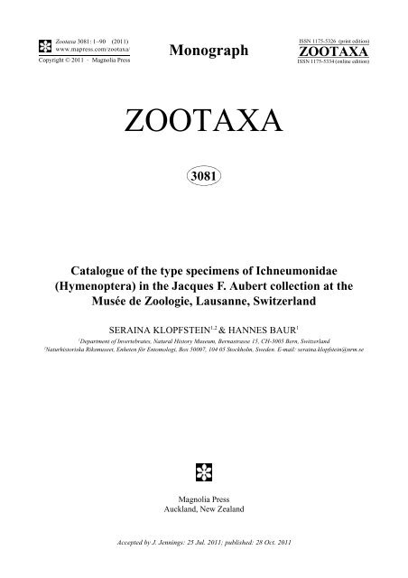 Catalogue of the type specimens of Ichneumonidae (Hymenoptera ...