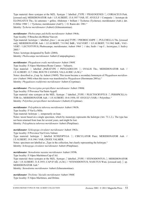 Catalogue of the type specimens of Ichneumonidae (Hymenoptera ...