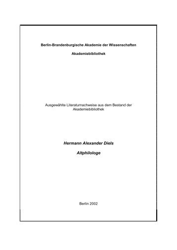 Hermann Alexander Diels Altphilologe - Akademiebibliothek - Berlin ...