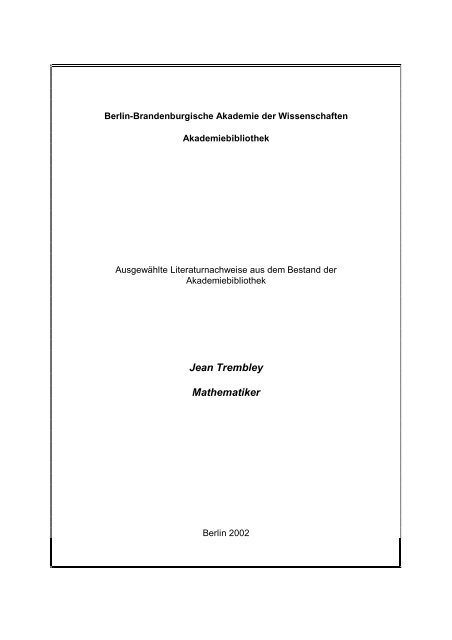 Jean Trembley Mathematiker - Akademiebibliothek - Berlin ...
