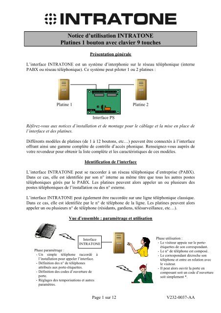 V232 - 0037 - AA - Utilisation Platines 1 b + 9 t.pdf - Notices - Intratone