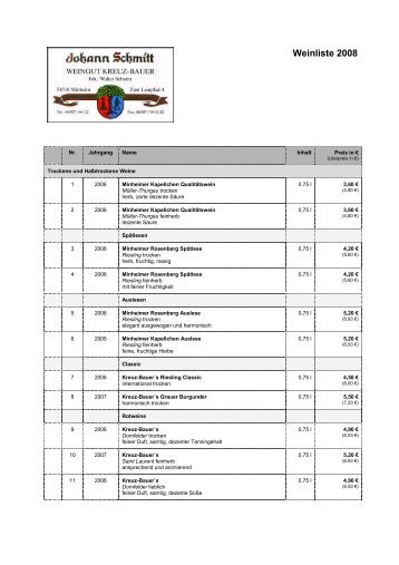 Weinliste 2008 - Weingut Kreuz-Bauer GbR