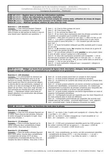 Évaluation de fin de troisième trimestre – 2010/2011 Compétences ...