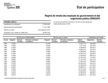 État de participation - Régime de retraite des employés du ... - FSSS