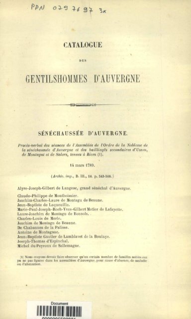 Catalogue des gentilshommes d'Auvergne et de Rouergue qui ont ...