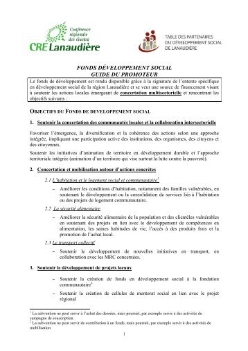 fonds développement social guide du promoteur - CREVALE