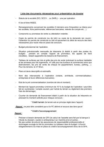 Liste des documents nécessaires pour présentation de dossier