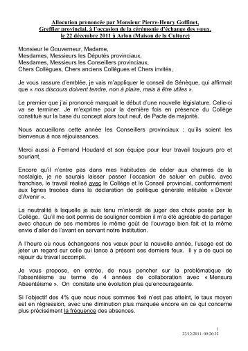 Allocution prononcée par Monsieur Pierre-Henry Goffinet, Greffier ...