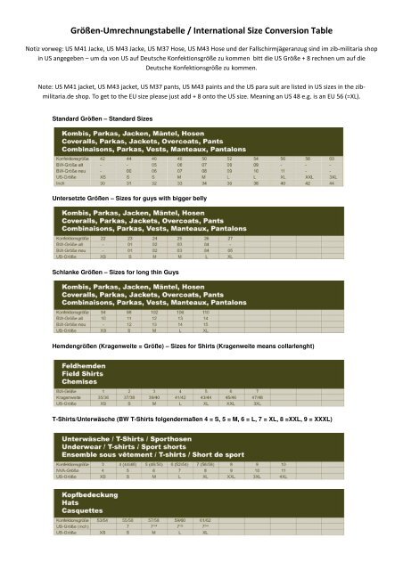 Größen-Umrechnungstabelle / International Size ... - Zib-Militaria