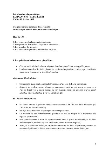 1 Introduction à la phonétique LLSDL206 CM – Radwa FATHI CM3 ...