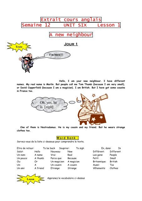 Extrait cours anglais Semaine 12 UNIT SIX Lesson 1 ... - HATTEMER