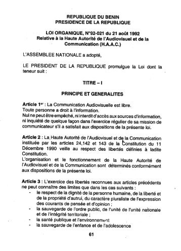 Loi Organique N° 92-021 du 21 août 1992 - Gouvernement du Bénin