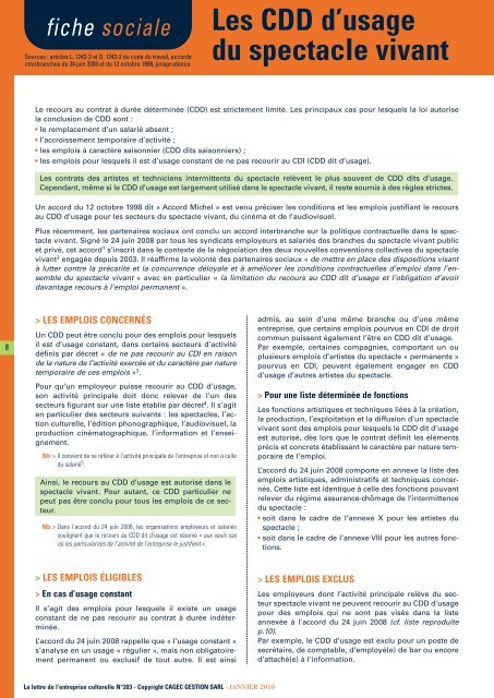 Les Cdd Dusage Du Spectacle Vivant Fiche Sociale Cagec