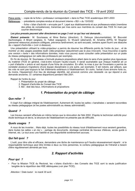 Compte Rendu De La Reunion Du Conseil Des Tice 19 Avril Free