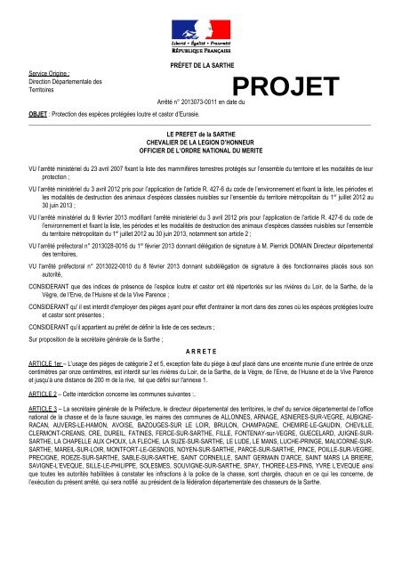 PROJET-AP interdiction piégeage - La préfecture de la Sarthe