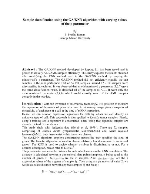 Sample classification using the GA/KNN algorithm with varying ...