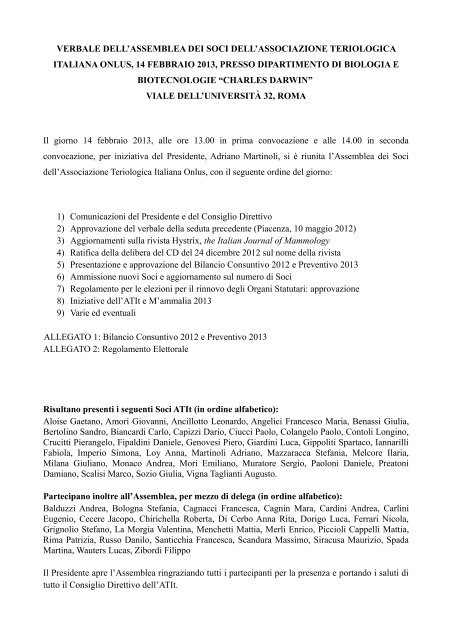 verbale del consiglio direttivo dell'associazione teriologica italiana ...
