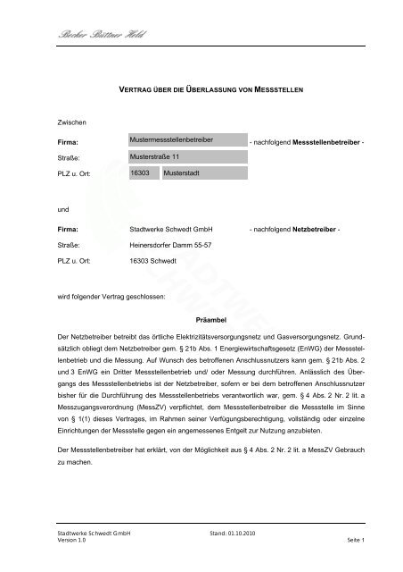 Vertrag für den Übergang der Messeinrichtung - Stadtwerke ...