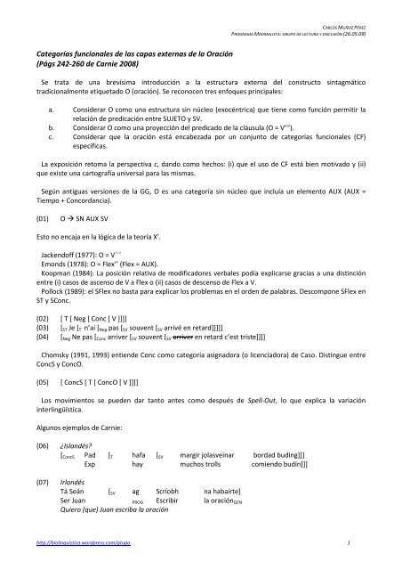 Categorías funcionales de la capa externa de la Oración