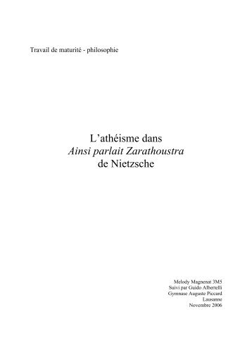 L'athéisme dans Ainsi parlait Zarathoustra de Nietzsche - Gymnase ...