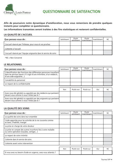QUESTIONNAIRE DE SATISFACTION  Clinique Louis Pasteur