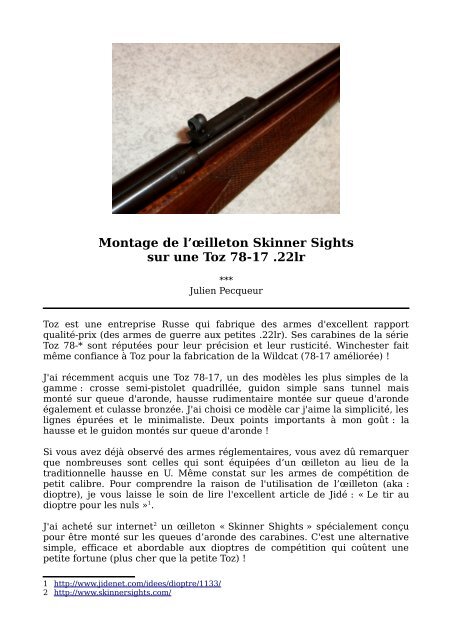 Montage de l'œilleton Skinner Sights sur une Toz 78-17 .22lr