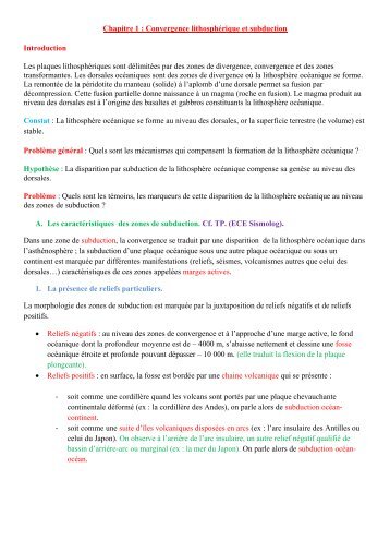 Chapitre 1 : Convergence lithosphérique et subduction Introduction ...