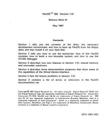 FlexOS ™ 286 Version 1.31 Release Note 01 May 1987 Contents ...