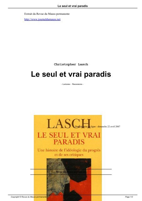 Le seul et vrai paradis - Revue du MAUSS permanente