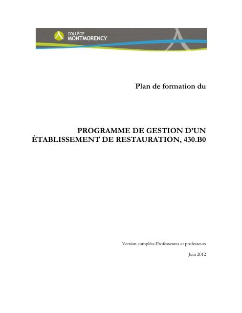 (430.B0)-Gestion d'un établissement de restauration - Collège ...