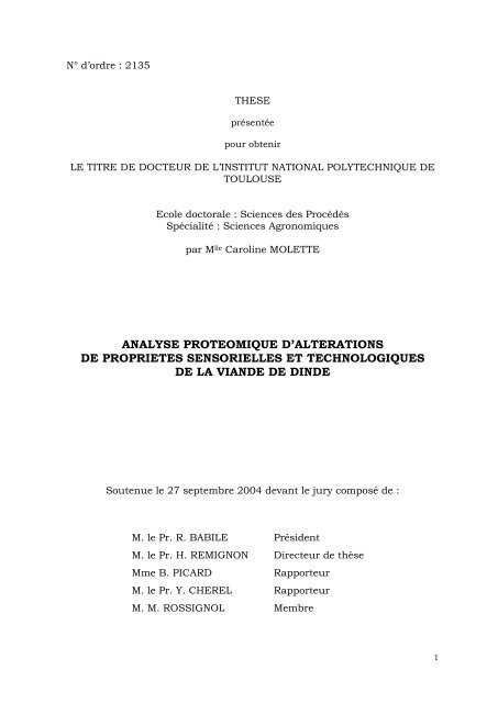 Analyse protéomique d'alterations de propriétés sensorielles et ...