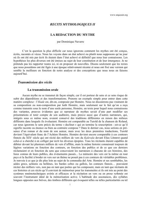 Recits Mythiques Ii La Redaction Du Mythe Utqueant Org