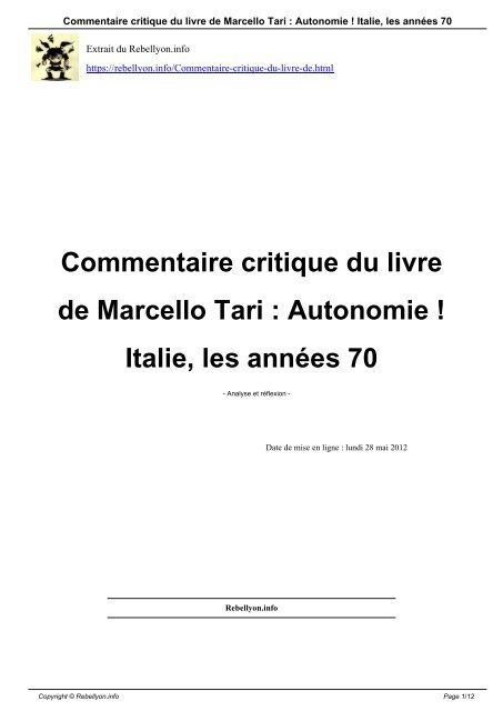 Commentaire critique du livre de Marcello Tari ... - Rebellyon