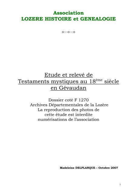 Testaments mystiques, étude et relevé, Cote F 1270 - Lozère - Histoire