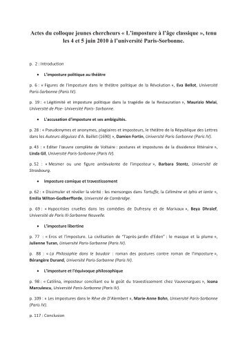 L'imposture à l'âge classique - Cellf XVII-XVIII - Université Paris ...