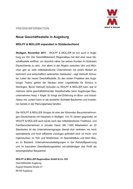 Neue Geschäftsstelle in Augsburg - Wolff & Müller