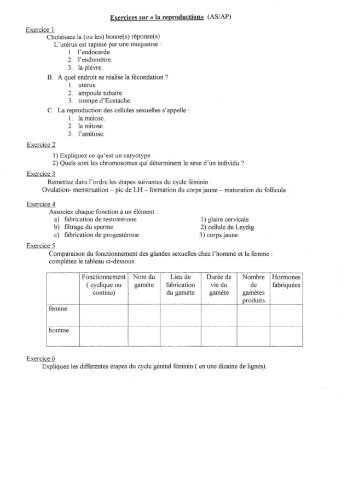 Exercices sur « la reproduction» (AS/ AP) Exercice 1 ... - Poly-Prepas