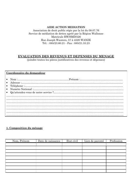 evaluation des revenus et depenses du menage - Aide Action ...