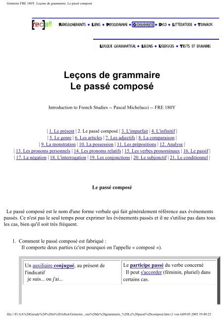 Grimoire FRE 180Y. Leçons de grammaire. Le passé composé