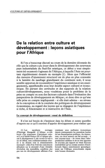 De la relation entre culture et développement ... - Politique Africaine